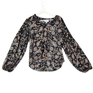 EVEREVE Bishop Sleeve Blouse Womens SZ XS Dark Floral Popover V-neck Sheer Gypsy